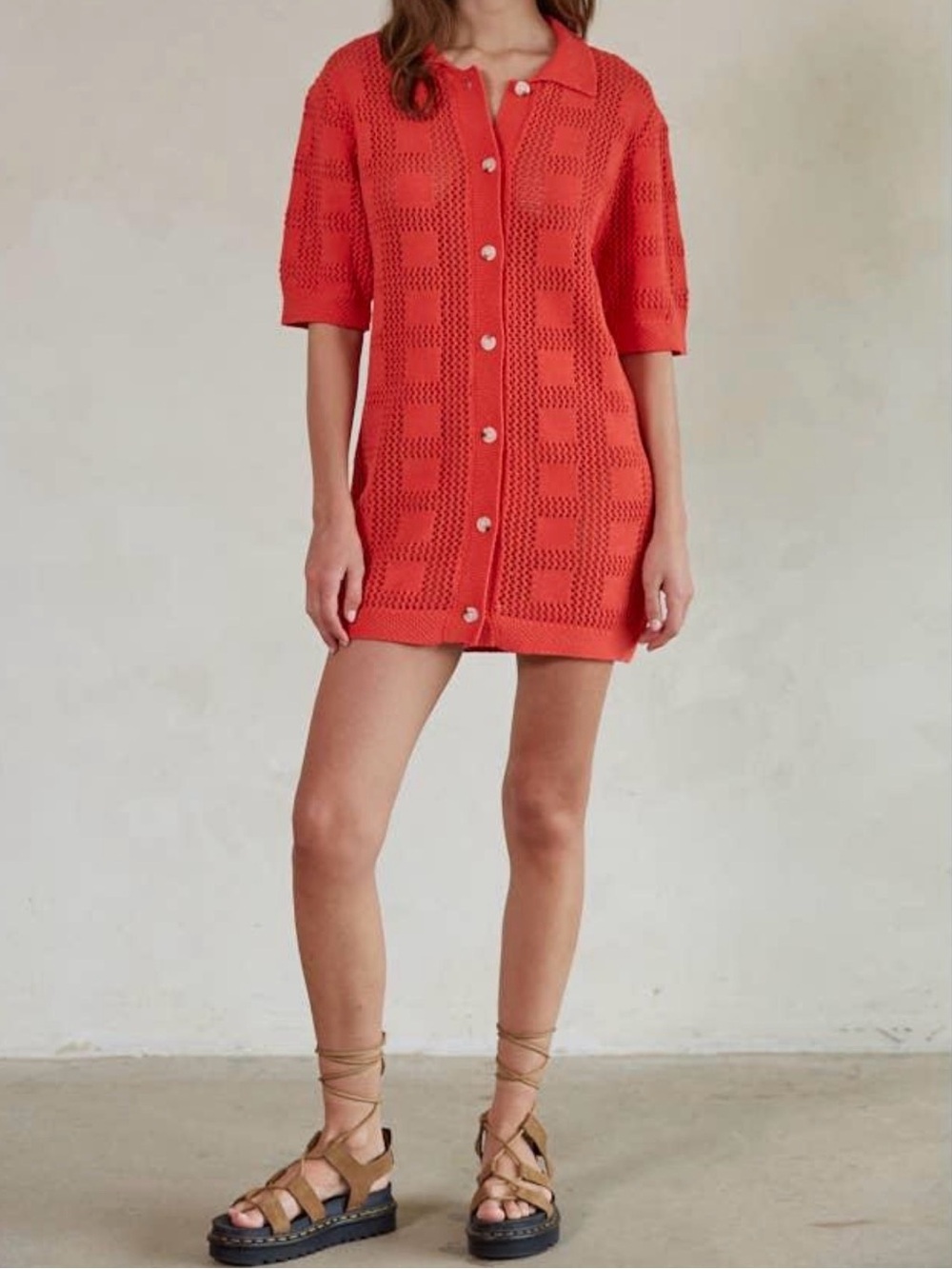 Runaway Scout Red Crochet Knit Button Front Dress Size 14